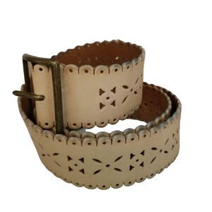 GAP Khaki Tan Leather Wide Waist Belt, Size Medium, Scallop Edge